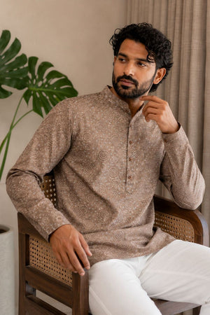 Mens Mauve Printed Linen Short Kurta (ACB2331)