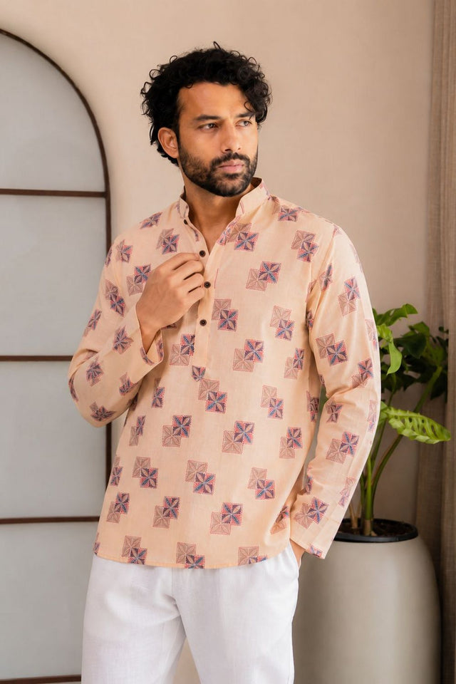 Mens Yellow Printed Linen Short Kurta (ACB2332)
