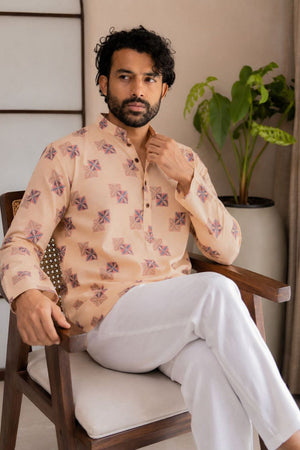 Mens Yellow Printed Linen Short Kurta (ACB2332)