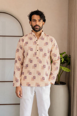 Mens Yellow Printed Linen Short Kurta (ACB2332)