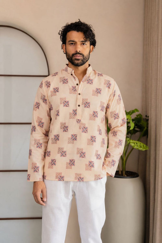 Mens Yellow Printed Linen Short Kurta (ACB2332)