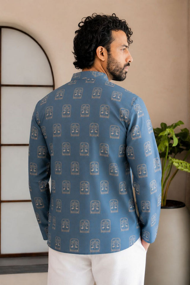 Mens Blue Printed Linen Short Kurta (ACB2333)