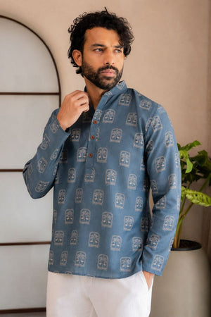 Mens Blue Printed Linen Short Kurta (ACB2333)