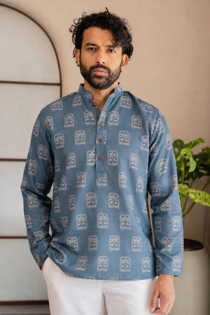 Mens Blue Printed Linen Short Kurta (ACB2333)
