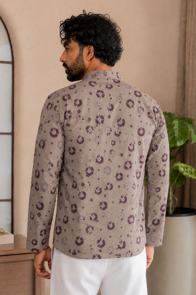 Mens Grey Printed Linen Short Kurta (ACB2334)