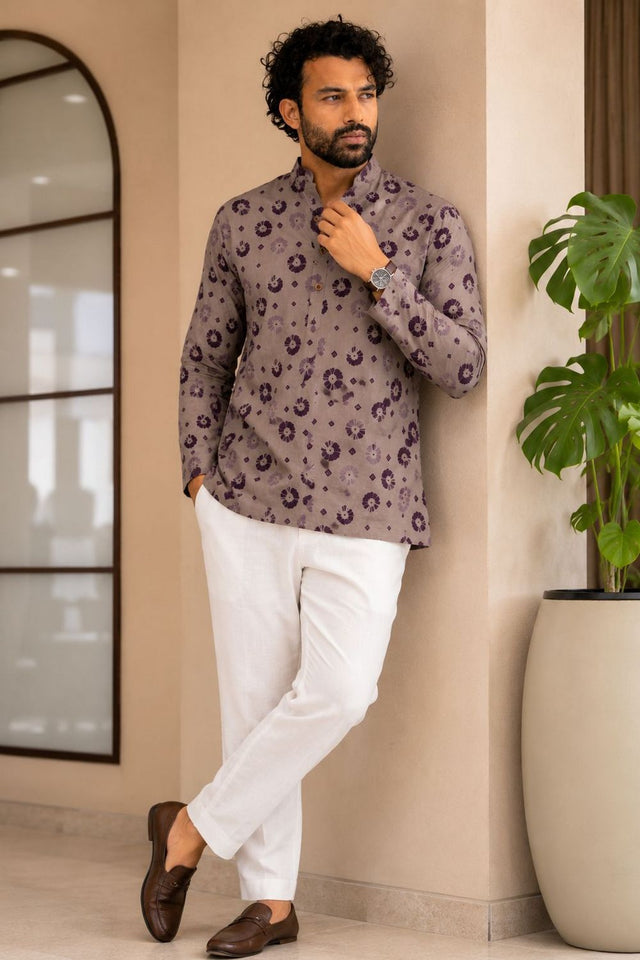 Mens Grey Printed Linen Short Kurta (ACB2334)