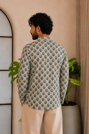 Mens Green Printed Linen Short Kurta (ACB2335)