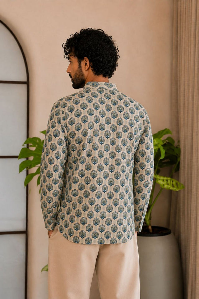 Mens Green Printed Linen Short Kurta (ACB2335)