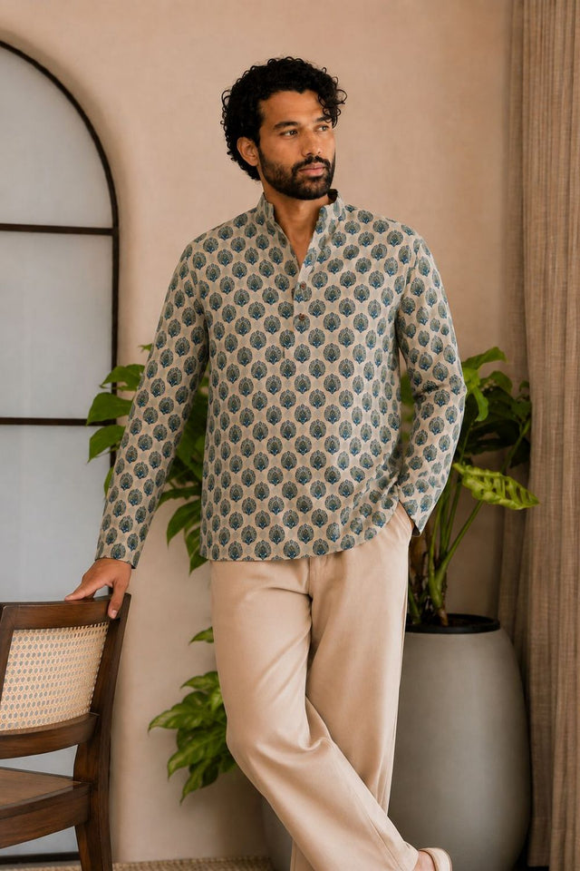 Mens Green Printed Linen Short Kurta (ACB2335)