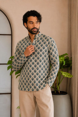Mens Green Printed Linen Short Kurta (ACB2335)