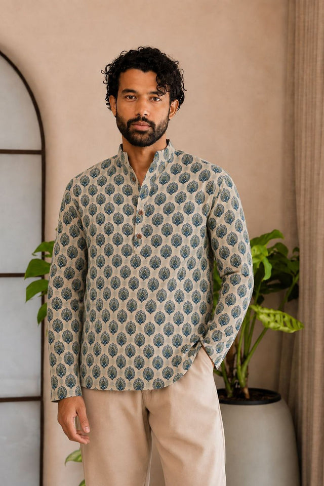 Mens Green Printed Linen Short Kurta (ACB2335)