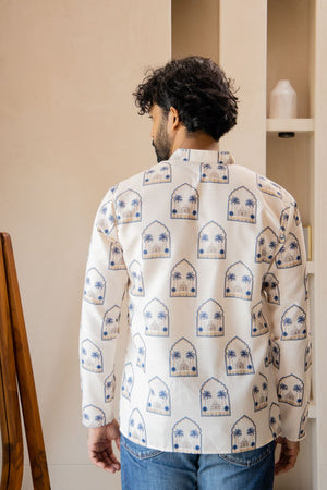 Mens Cream Printed Linen Short Kurta (ACB2336)