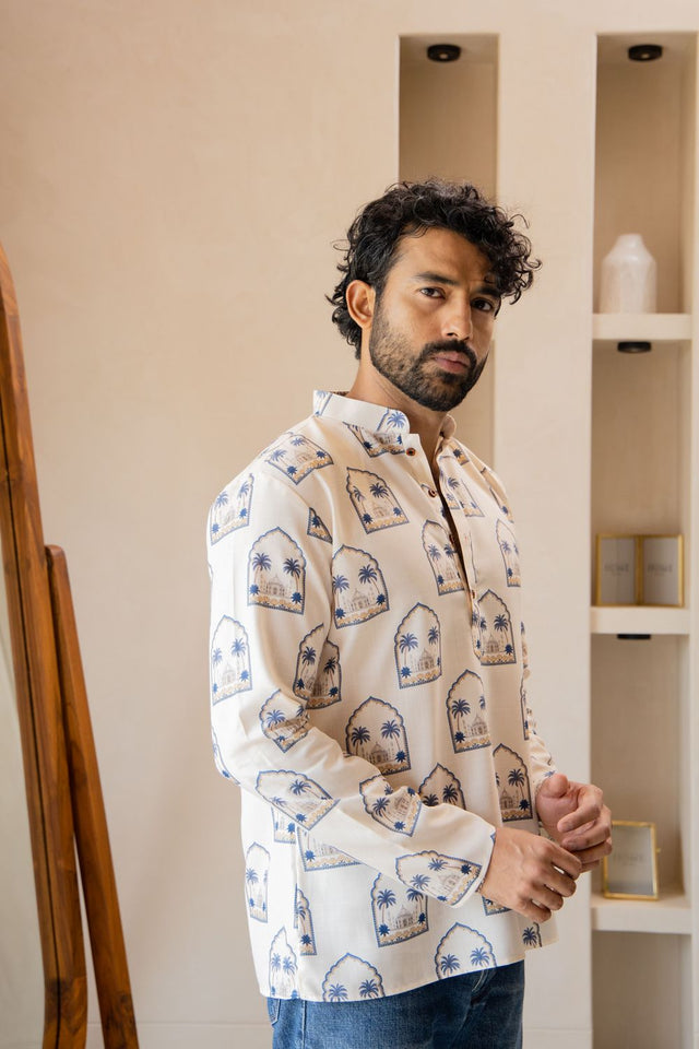 Mens Cream Printed Linen Short Kurta (ACB2336)