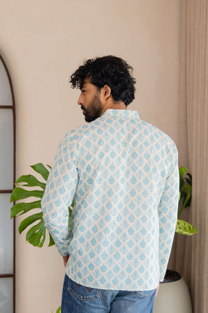 Mens Blue Printed Linen Short Kurta (ACB2337)