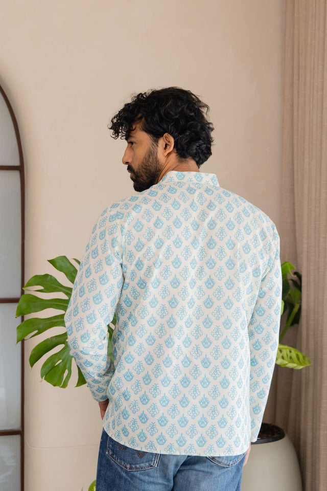 Mens Blue Printed Linen Short Kurta (ACB2337)