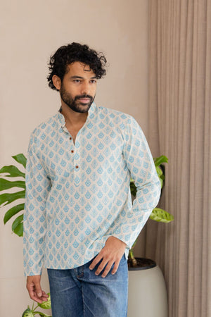 Mens Blue Printed Linen Short Kurta (ACB2337)