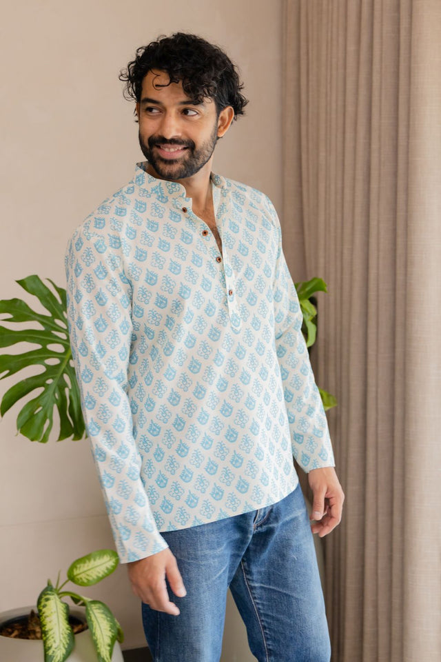 Mens Blue Printed Linen Short Kurta (ACB2337)