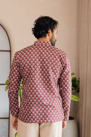 Mens Maroon Printed Linen Short Kurta (ACB2338)