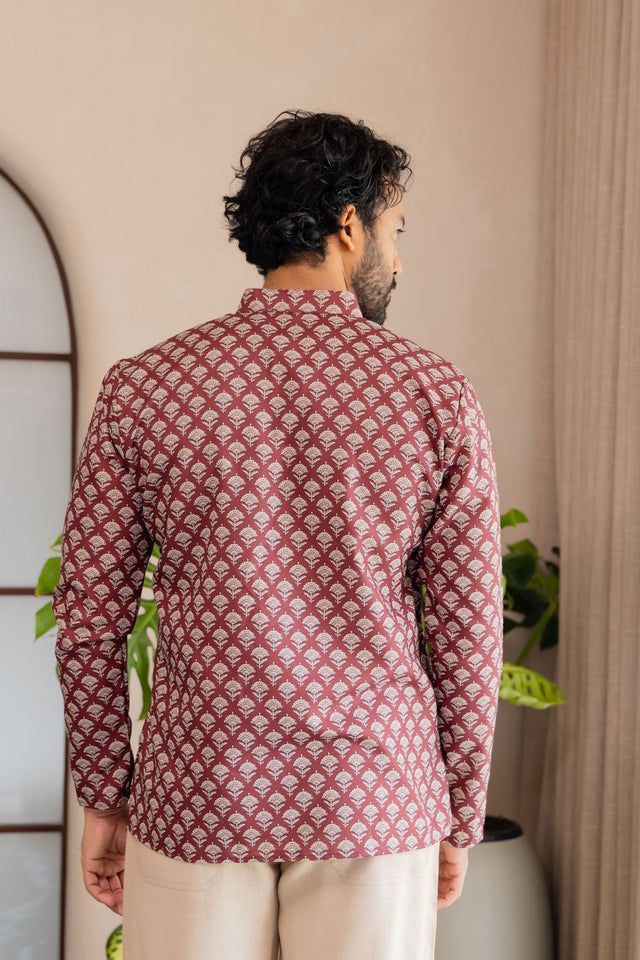 Mens Maroon Printed Linen Short Kurta (ACB2338)