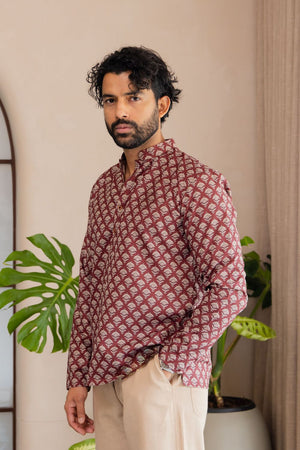 Mens Maroon Printed Linen Short Kurta (ACB2338)