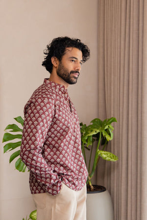 Mens Maroon Printed Linen Short Kurta (ACB2338)
