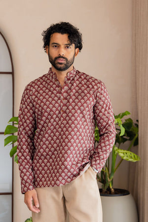 Mens Maroon Printed Linen Short Kurta (ACB2338)