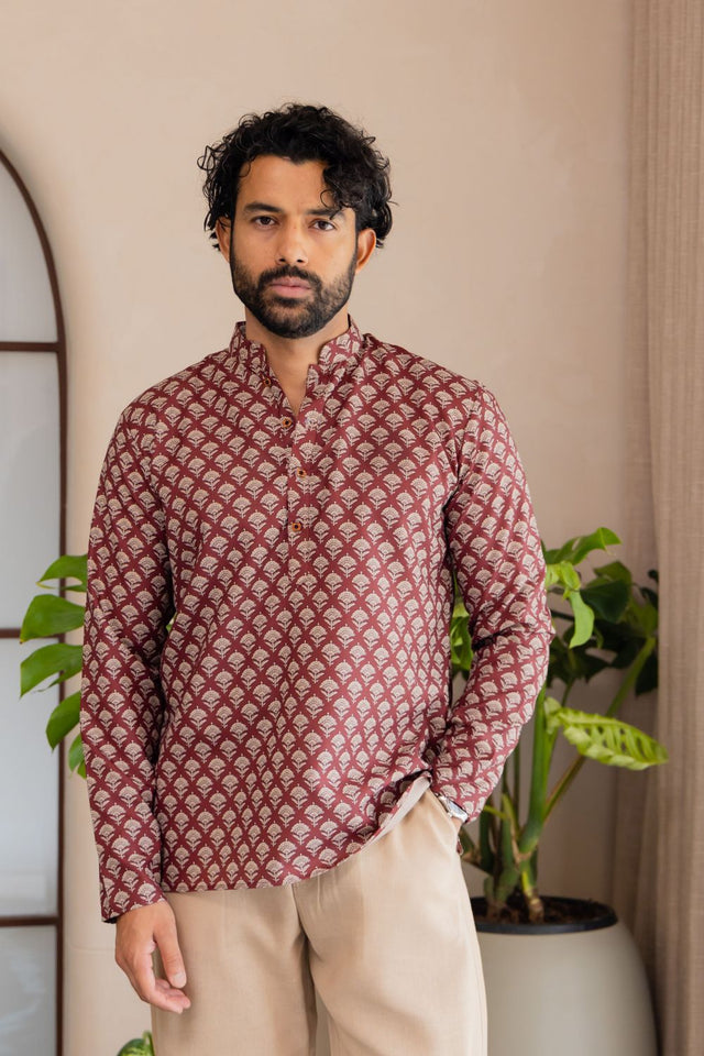 Mens Maroon Printed Linen Short Kurta (ACB2338)