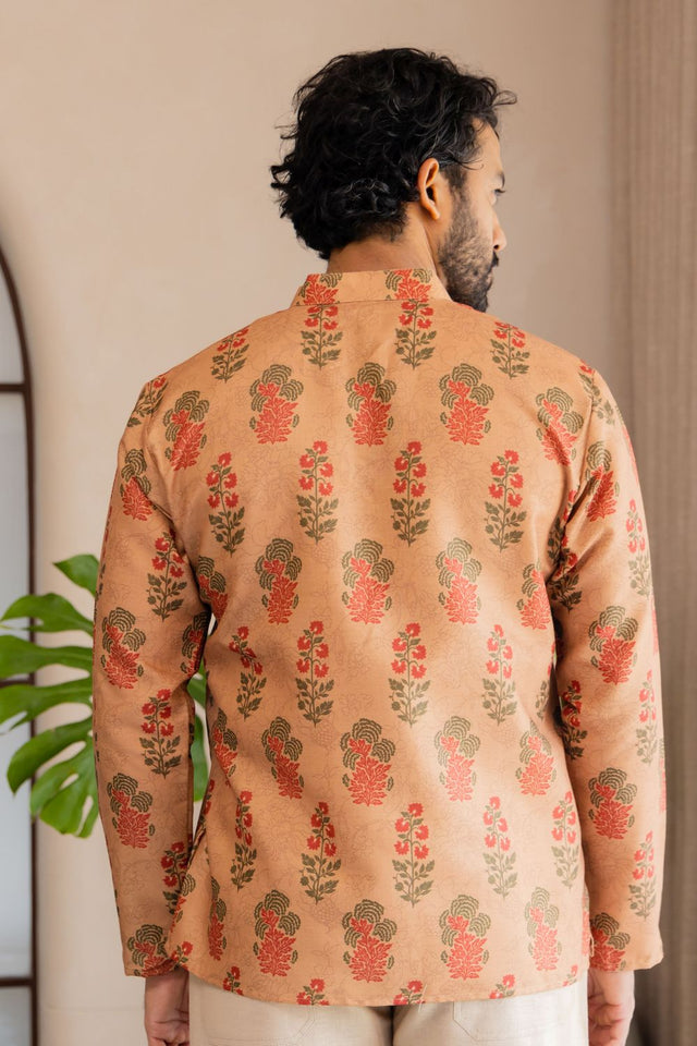 Mens Orange Floral Printed Linen Short Kurta (ACB2339)