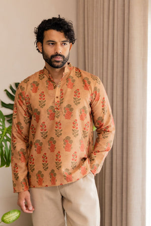 Mens Orange Floral Printed Linen Short Kurta (ACB2339)
