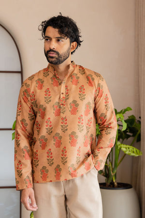 Mens Orange Floral Printed Linen Short Kurta (ACB2339)