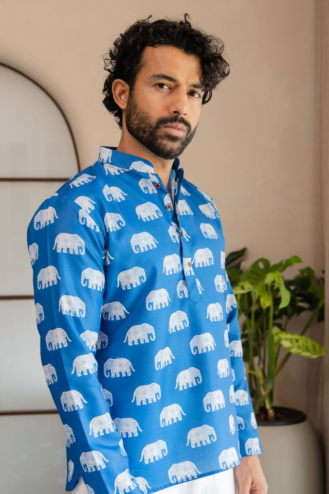 Mens Blue Animal Printed Linen Short Kurta (ACB2340)