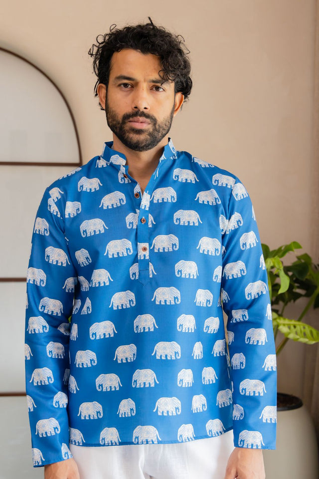 Mens Blue Animal Printed Linen Short Kurta (ACB2340)