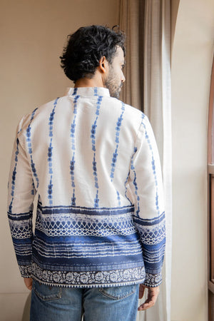 Mens Blue Printed Linen Short Kurta (ACB2341)
