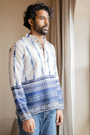 Mens Blue Printed Linen Short Kurta (ACB2341)