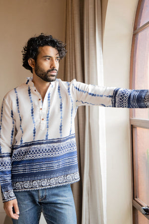 Mens Blue Printed Linen Short Kurta (ACB2341)