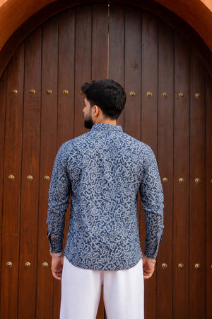 Mens Blue Printed Linen Short Kurta (ACB2342)