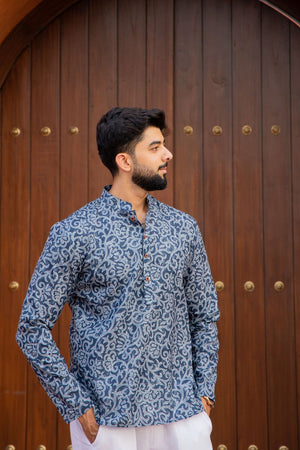 Mens Blue Printed Linen Short Kurta (ACB2342)
