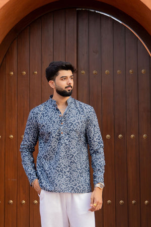 Mens Blue Printed Linen Short Kurta (ACB2342)