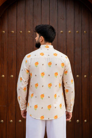 Mens Cream Printed Linen Short Kurta (ACB2343)
