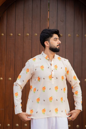 Mens Cream Printed Linen Short Kurta (ACB2343)