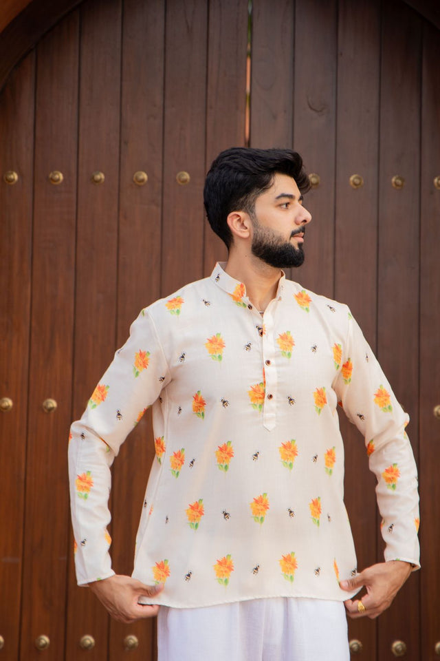 Mens Cream Printed Linen Short Kurta (ACB2343)