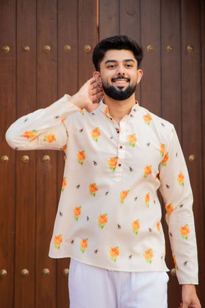 Mens Cream Printed Linen Short Kurta (ACB2343)