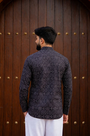 Mens Black Printed Linen Short Kurta (ACB2344)
