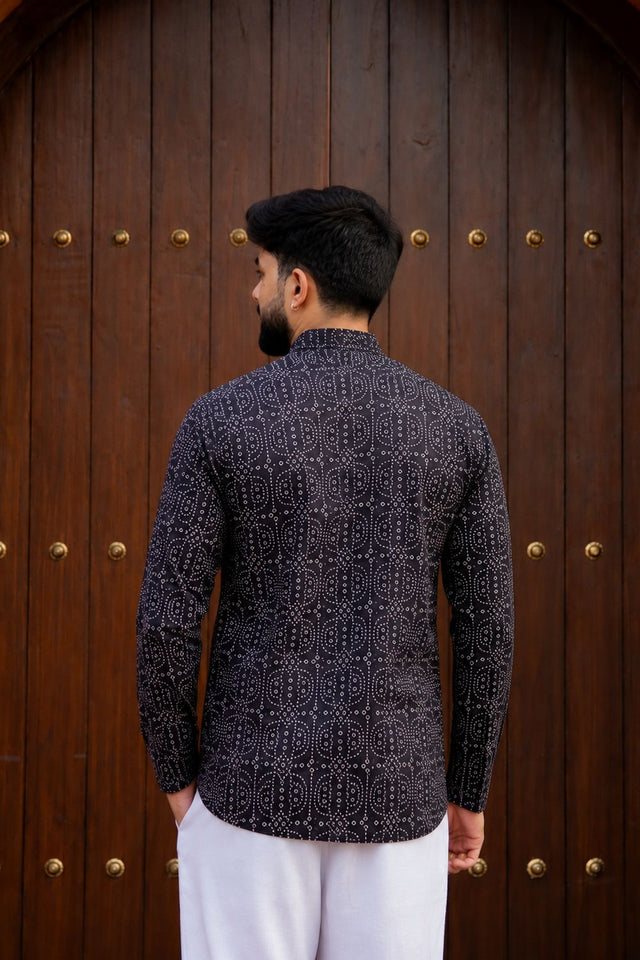 Mens Black Printed Linen Short Kurta (ACB2344)