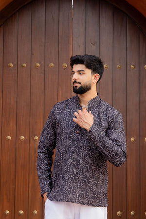 Mens Black Printed Linen Short Kurta (ACB2344)