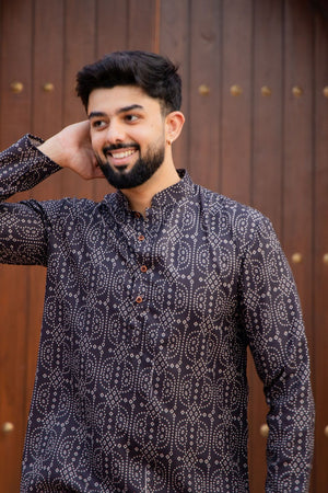 Mens Black Printed Linen Short Kurta (ACB2344)
