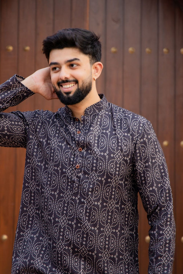 Mens Black Printed Linen Short Kurta (ACB2344)