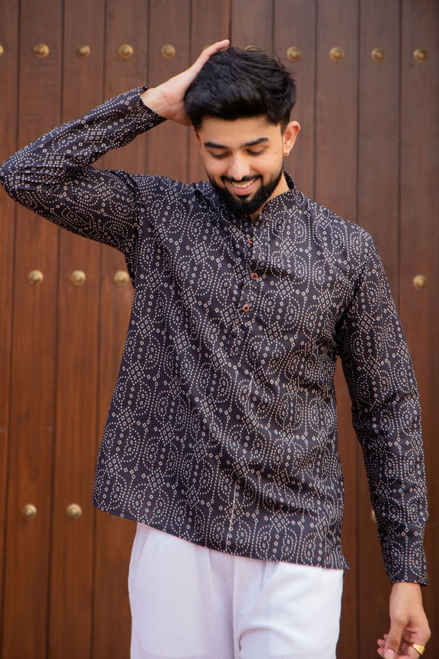 Mens Black Printed Linen Short Kurta (ACB2344)