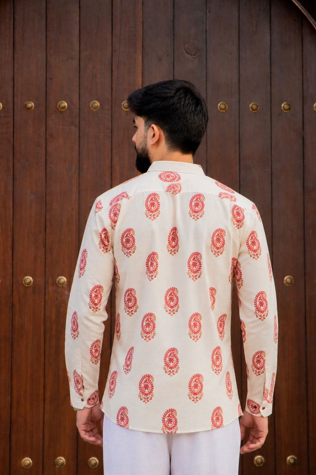 Mens Cream Printed Linen Short Kurta (ACB2345)