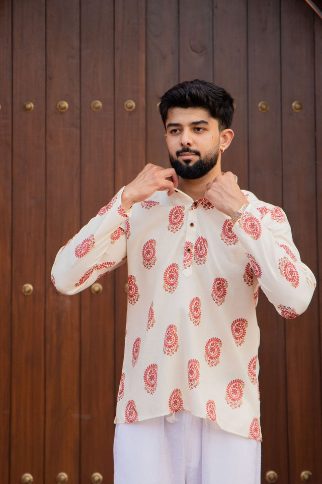 Mens Cream Printed Linen Short Kurta (ACB2345)
